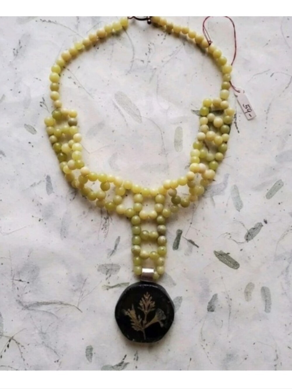 Amazing Artisan Serpentine Gemstone Beaded Choker w Pressed Flower Pendant